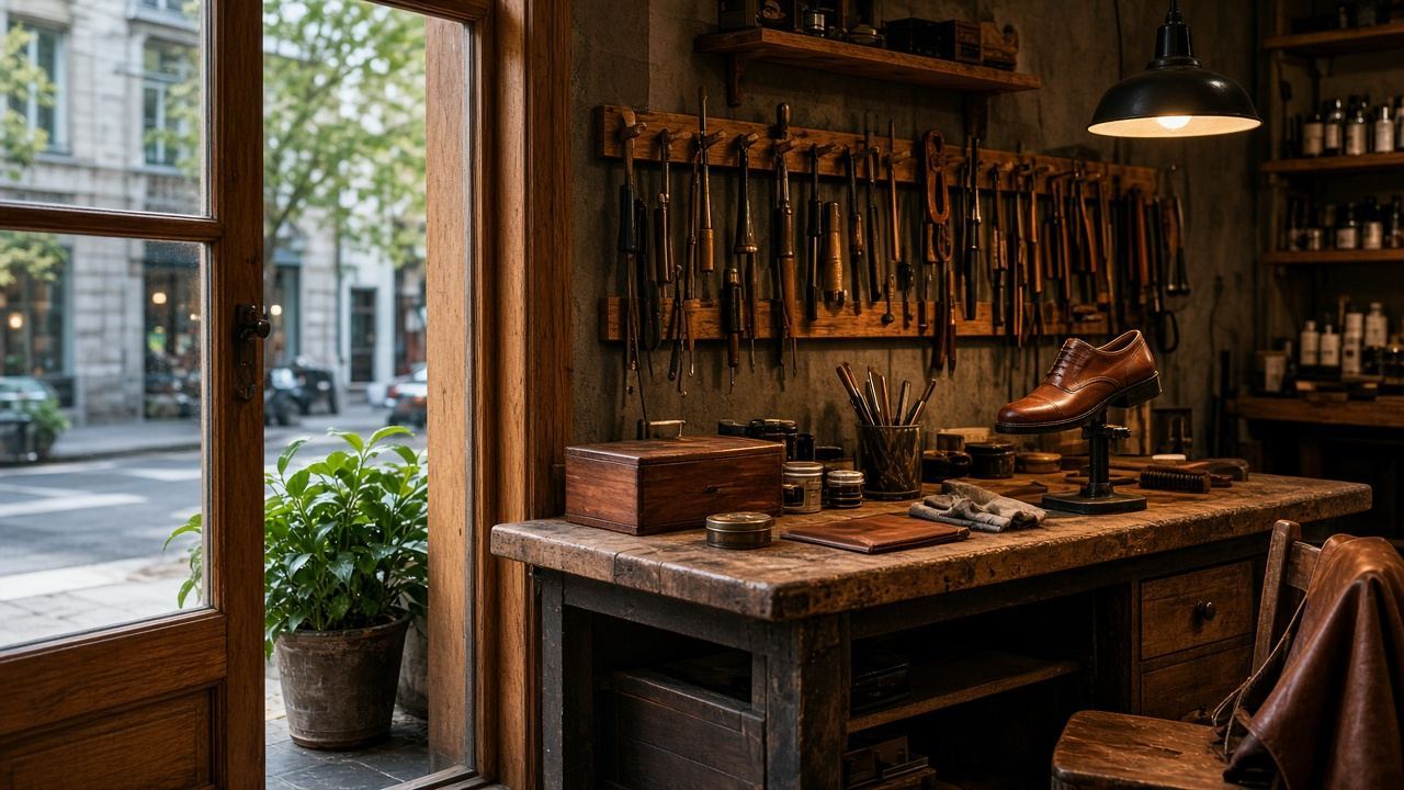 Shoe / leather repair workspace at Autontrami Shoe Repair